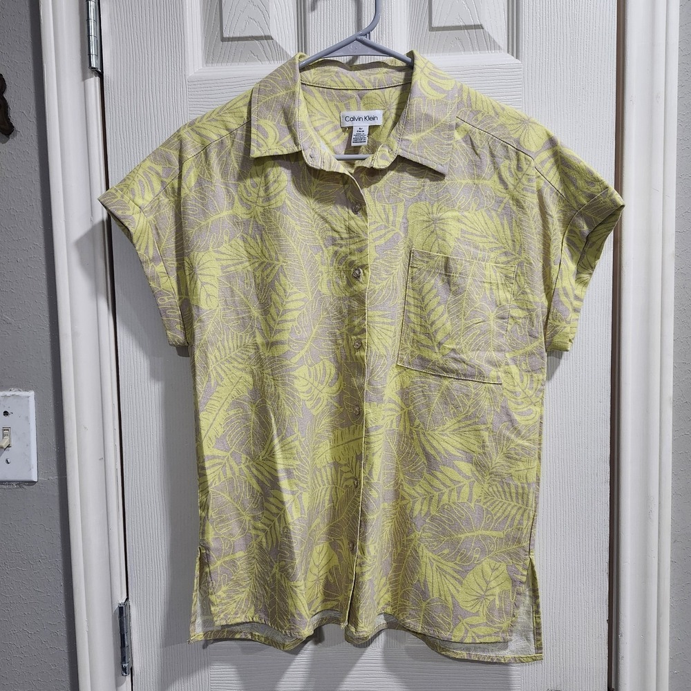 Calvin Klein Women's Linen Blend Tropical Leaf Button Front Blouse S Yellow Gray